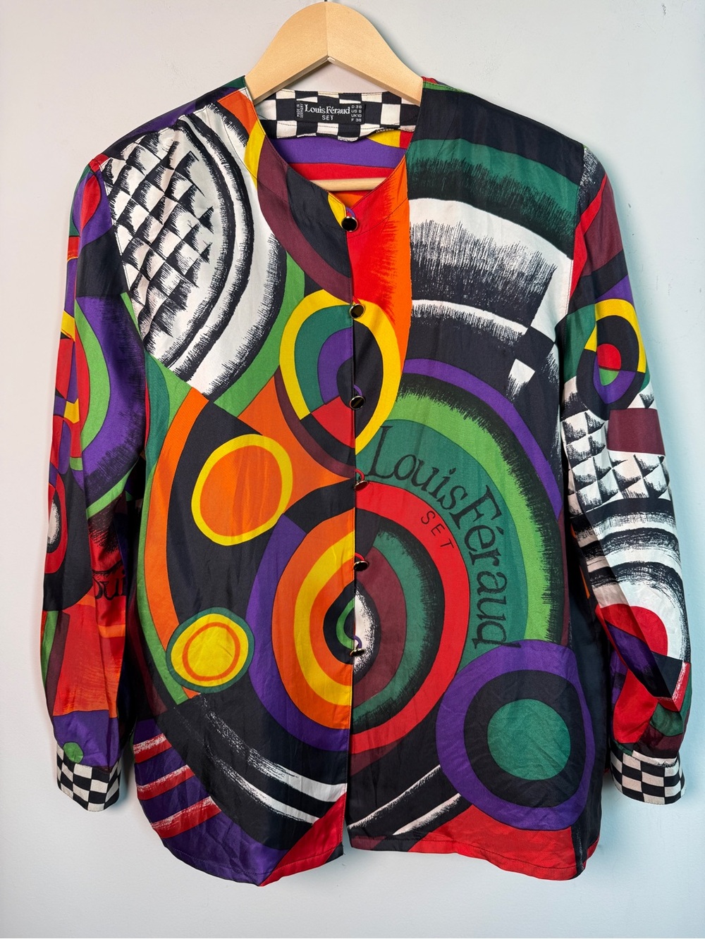 Louis Feraud Set Art Deco Silk Statement Jacket Geometric Rainbow Print Sz 6
